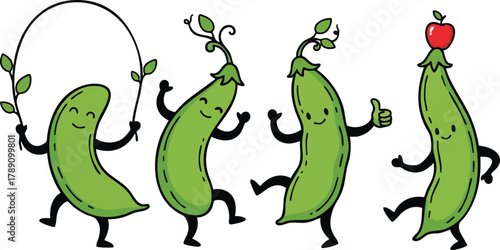 Four Green Bean Characters Dancing and Jumping Rope With An Apple on Head