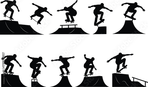 Skateboarder silhouette performing tricks on ramps, rails, half-pipes, extreme sports action, urban skateboarding, flat vector illustration, dynamic poses