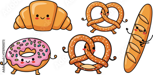Pixel Art Kawaii Pastry Characters Croissant Donut Pretzel and Baguette Having Fun