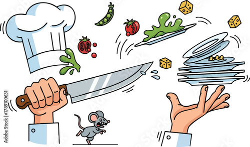 Chef Hat And Knife In Hand About To Cut Food With Mouse And Falling Ingredients In A Kitchen Setting