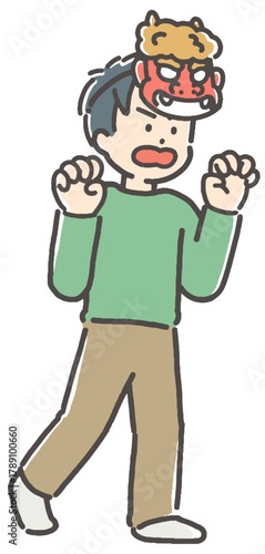 鬼のお面をつけた若い男性