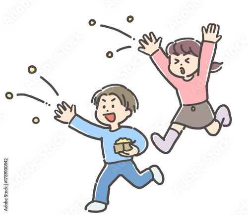 節分の豆まきをする男の子と女の子