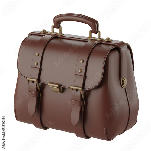 Classic brown leather briefcase with gold hardware isolated on a transparent background vintage 
