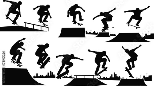 Skateboarding silhouettes performing tricks on ramps, rails, half-pipes, urban skatepark scene, city skyline background, flat vector illustration, dynamic motion