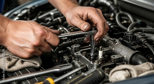 Close up of Mechanic s Hands Repairing Engine with Ratchet Wrench Auto Service Concept