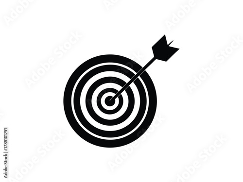 Black Silhouette of Target with Arrow in the Center on White bullseye dartboard
