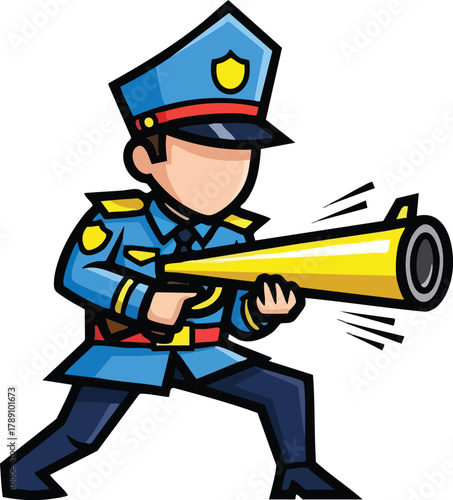 Cartoon Police Officer in Blue Uniform Holding Megaphone with Yellow Bell