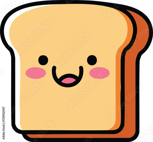 Cute kawaii slice of toast with a happy smiling face and rosy cheeks isolated on white background