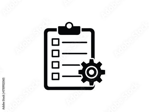 Checklist clipboard with gear icon for task management and process Keywords: checklist, clipboard, gear, cogwheel