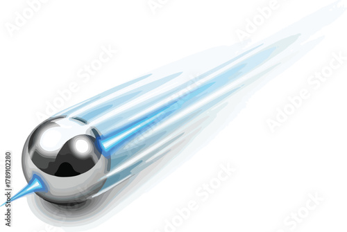 A sleek, silver soccer ball speeds through motion blur streaks in a dynamic, fast-paced scene with a white background.