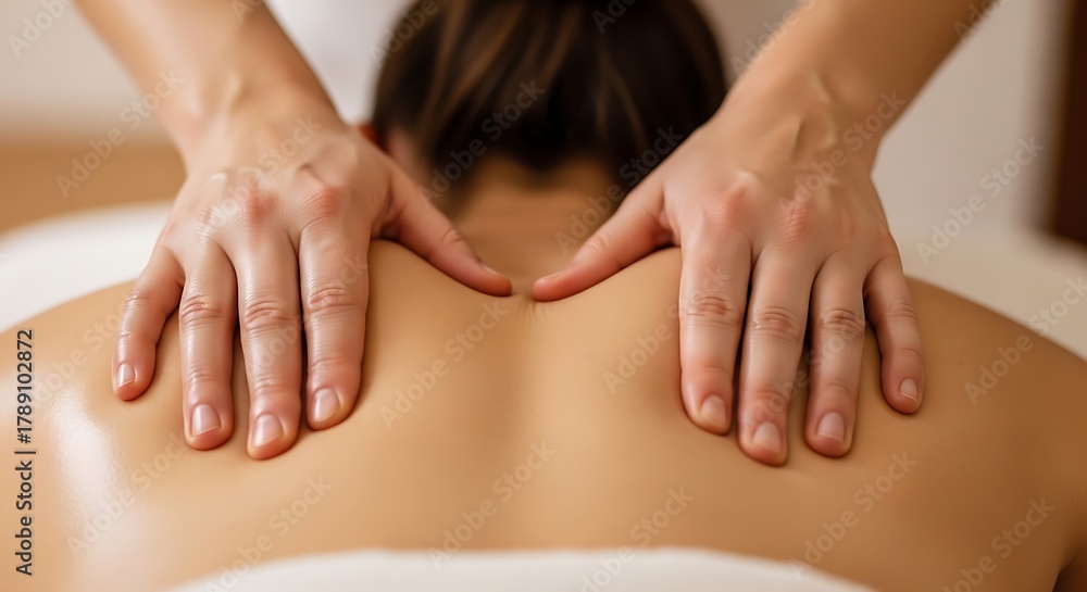 Obraz premium Close up of Professional Massage Therapist Hands Kneading Upper Back Muscles for Relaxation and Pain Relief