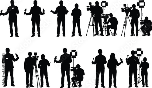 Silhouettes of media crew working with cameras, microphones, lighting equipment, journalists, reporters, broadcasting team in action, flat vector
