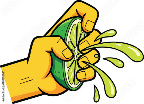 Yellow Hand Squeezing Green Lime with Juice Splashing Isolated on White Background