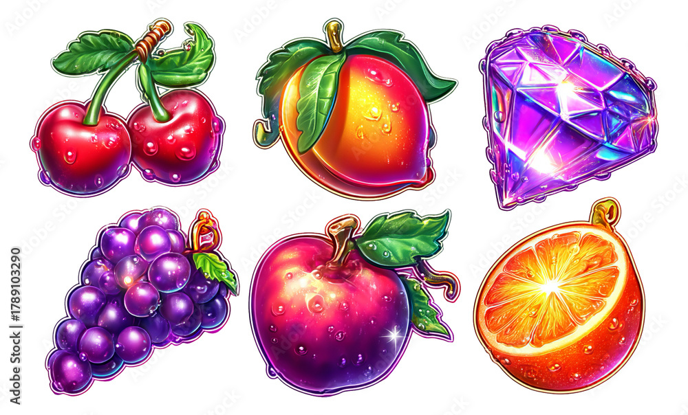 Obraz premium Colorful Fruit and Gemstone Illustrations with Water Droplets on Transparent Background