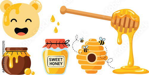 Pixel Art Honey Pot Jar Dipper And Happy Bear Face With Bees And Honeycomb