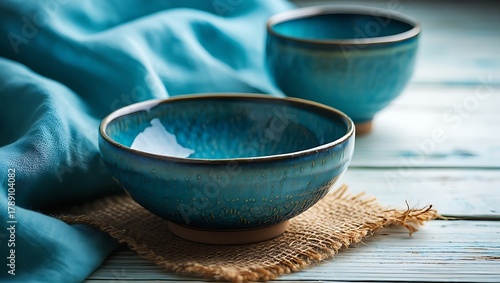 Artisan crafted blue ceramic bowls on rustic burlap and wooden surface