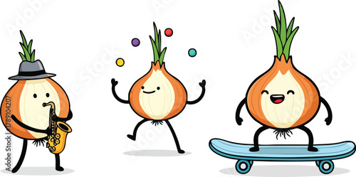 Three cartoon onions engaged in different activities onions playing saxophone juggling colorful balls and skateboarding on white background