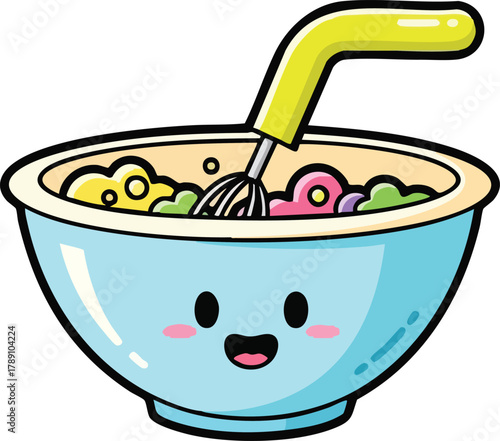 Cute Kawaii Cartoon Bowl With Whisk And Colorful Food Inside