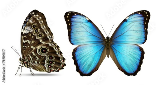 Two beautiful butterflies one blue one brown detailed close up