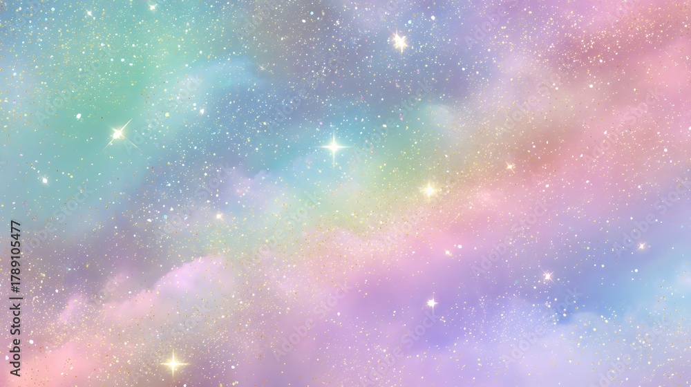 Fototapeta premium vintage glitter collage, fancy pastel background, chaotic holographic texture, iridescent gold dust, dreamy maximalist aesthetic, sequin sparkle, pastel galaxy, cosmic fantasy, glitter storm