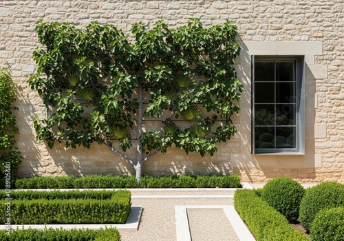 Espaliered fig tree trained against a rustic stone wall with formal boxwood garden