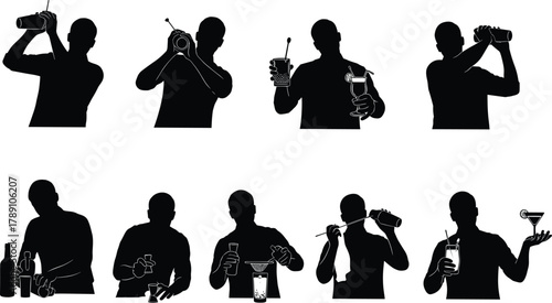 Bartender silhouette making cocktails, mixology actions, shaking, stirring, pouring drinks, bar tools, professional service, flat vector illustration, black design