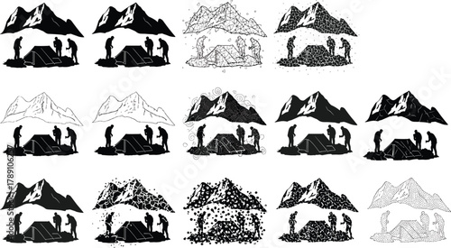 Camping scene with tent, mountains, two people, silhouette styles, abstract variations, line art, dot texture, flat vector illustration