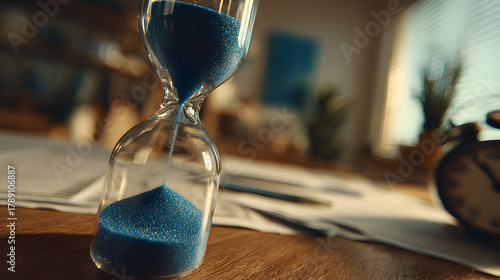 Hourglass with Blue Sand on Wooden Desk Time Passing Concept.