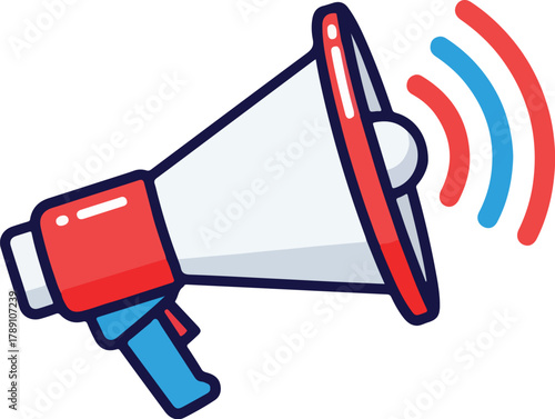 A cartoon-style illustration of a red and blue megaphone with sound waves on a white background, announcing a world cup soccer event.