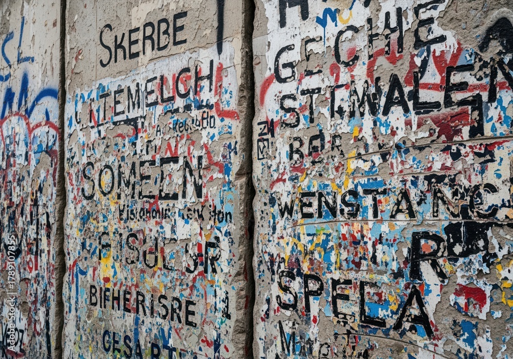Obraz premium Historic berlin wall section covered in layers of colorful graffiti and decay.