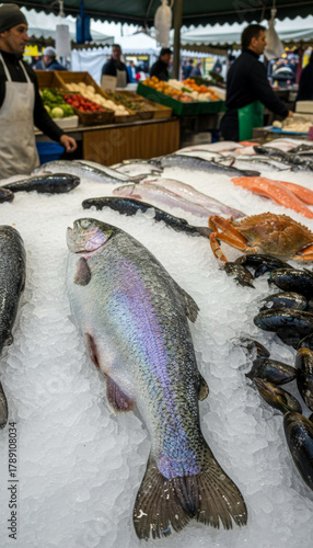 Fresh seafood displayed at a bustling market in early morning with various fish, shellfish, and vibrant produce visible all around