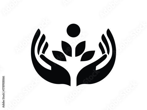 Black Silhouette Of Hands Cupping A Growing Plant With A Circle Above holding protecting