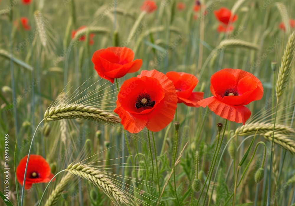 Obraz premium Cluster of vibrant red corn poppy flowers blooming in a lush green grain field