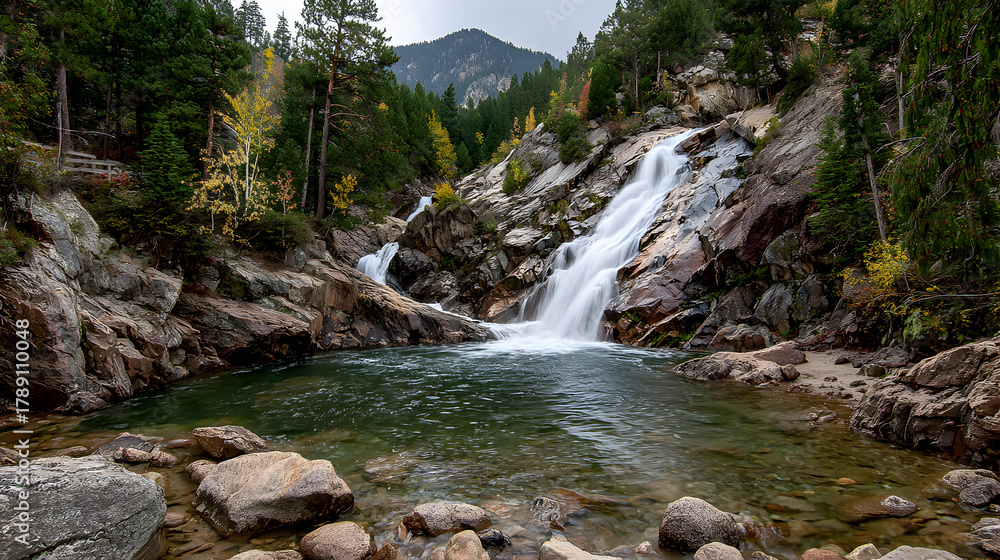 Fototapeta premium Scenic Waterfall Cascading into a Pool Surrounded by Rocks and Forest.