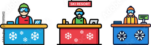 Ski resort counters with staff in winter gear and snowflakes  
