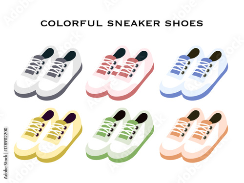 シンプルなスニーカーイラストセット | 6色カラフルなカジュアルシューズベクター
