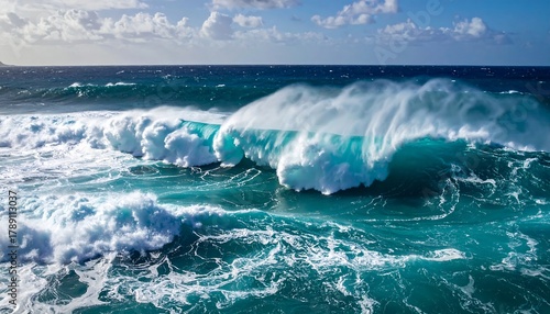 Fototapeta Naklejka Na Ścianę i Meble -  Breaking ocean wave with clear blue water and white foam