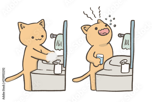 風邪予防の手洗いとうがいをする茶色い猫のキャラクター