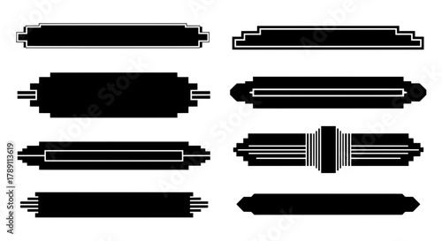 A set of eight black and white Art Deco style banners and frames. These geometric vector shapes are ideal for vintage labels or roaring 20s designs.
