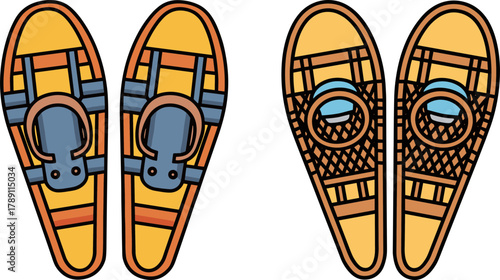 Vintage snowshoes with wooden frames and modern bindings  