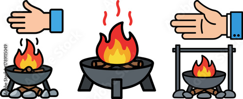 Hand gestures near campfire with flame and cooking equipment  