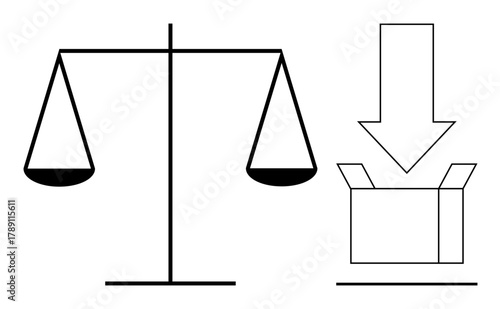 Balanced scales next to an arrow pointing into a box, symbolizing decision-making, judgments, balance, choice, fairness, distribution, and justice. Ideal for business law ethics equality