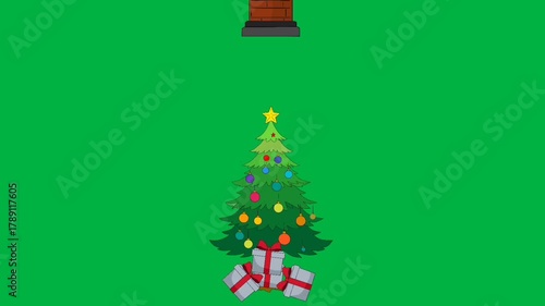 Christmas Gift Falling from Chimney to Christmas Tree Animation