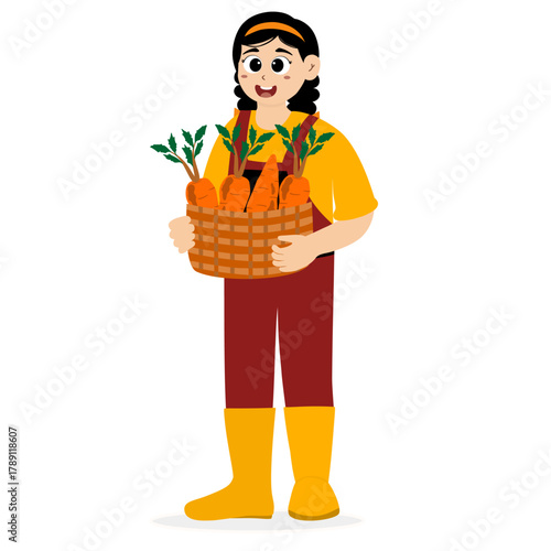Agricultural worker. Farmers Characters Harvesting on Farm. Farming, harvesting, collecting vegetables. Diverse people, man and woman farm workers cartoon character set with different occupation. 