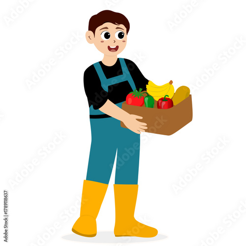 Agricultural worker. Farmers Characters Harvesting on Farm. Farming, harvesting, collecting vegetables. Diverse people, man and woman farm workers cartoon character set with different occupation. 