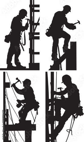 Construction worker silhouette with hard hat holding hammer working