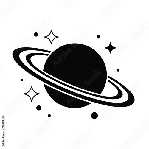 Black silhouette of planet saturn with rings and stars