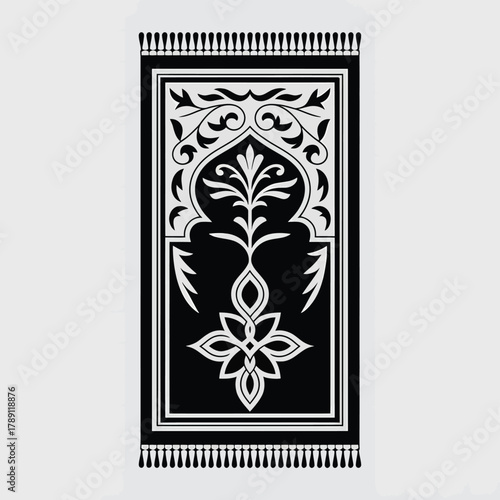 Traditional islamic prayer rug with intricate white floral and arch design