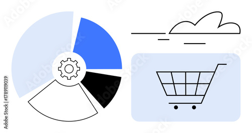 Circular chart featuring a gear, a shopping cart symbol on wheels, and a simple cloud. Ideal for analytics, e-commerce, automation, functionality, retail, strategy simple flat metaphor