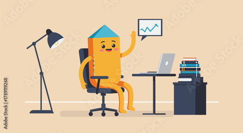 Cartoon pencil character working at a desk with a laptop and graph.